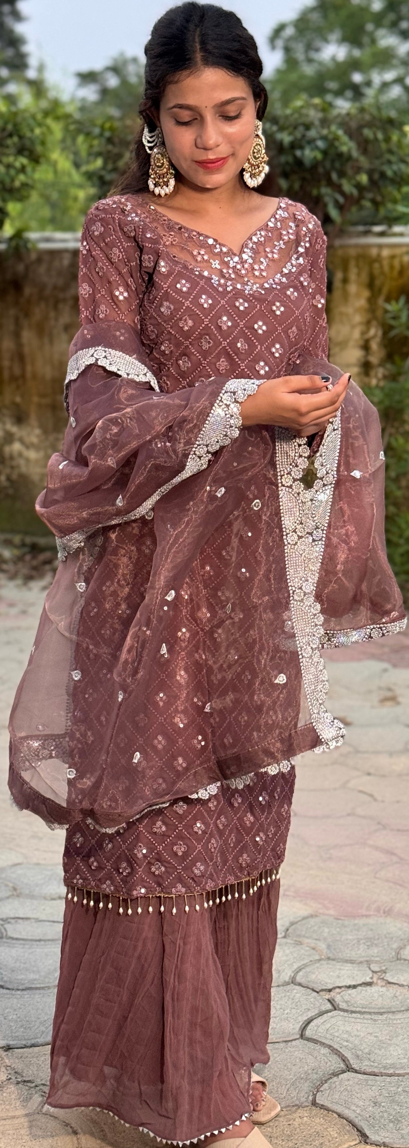 🌟 Ruhaniyat – Brown Embroidered Sharara Suit 🌟